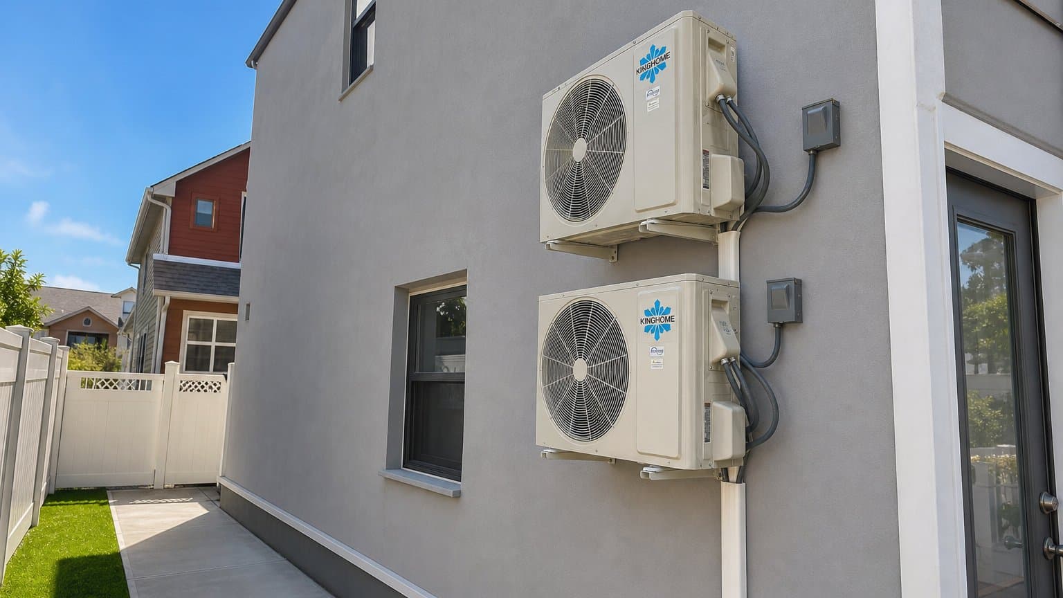 Wall-mounted mini-split condensers on a residential building in Queens, NY