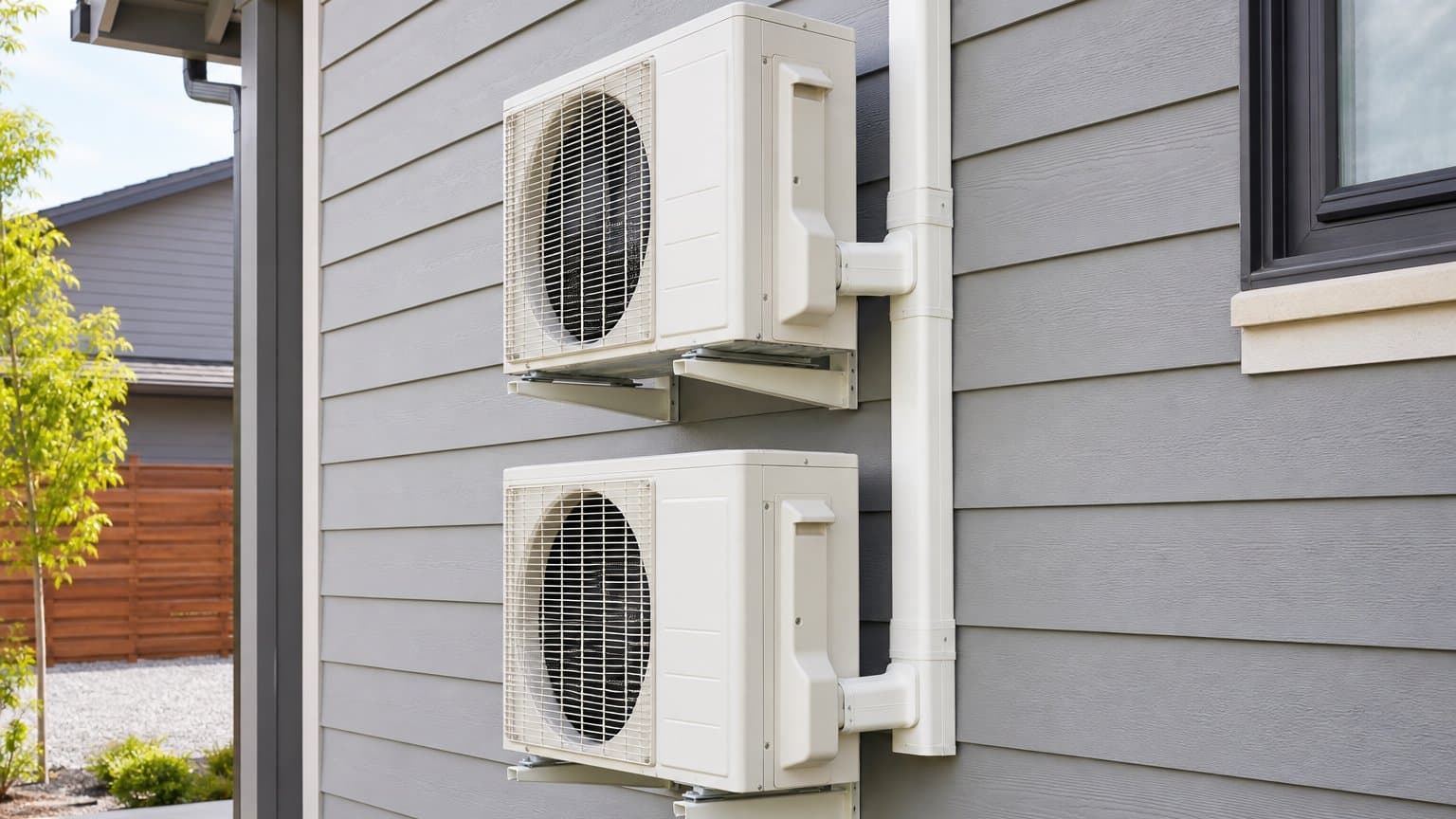 Two stacked mini-split outdoor units on a residential building