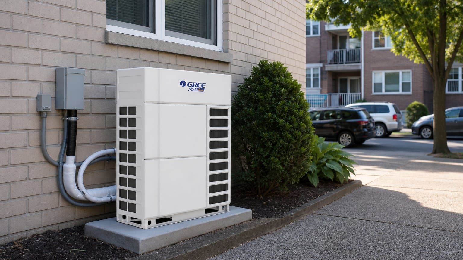 GREE VRF condenser installed at a residential apartment building