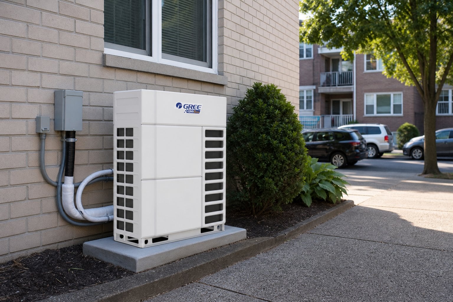 GREE GMV6 VRF outdoor unit beside a multi-family building